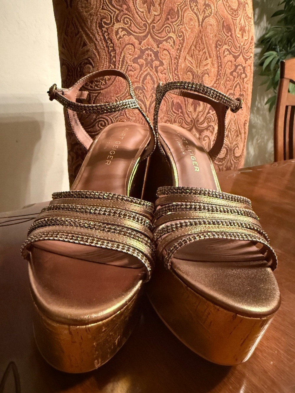KURT GEIGER London Pierra Gold Rhinestone Platform Wedge Sandal 39(EU), 8(US)